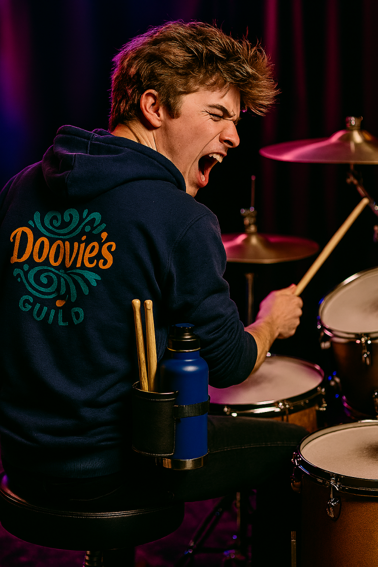 A young man is having the time of his life playing his drums and wearing Doovie Threads.